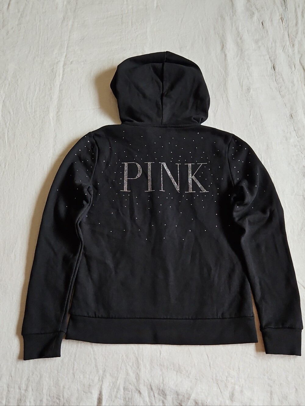 PINK Victoria's Secret Black Rhinestone Logo Everyday Zip-Up Hoodie Fleece Sz XS - Picture 12 of 14